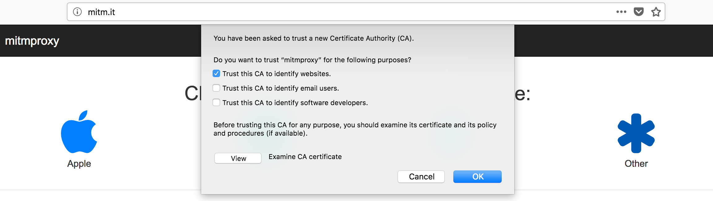 Certificate installation prompt