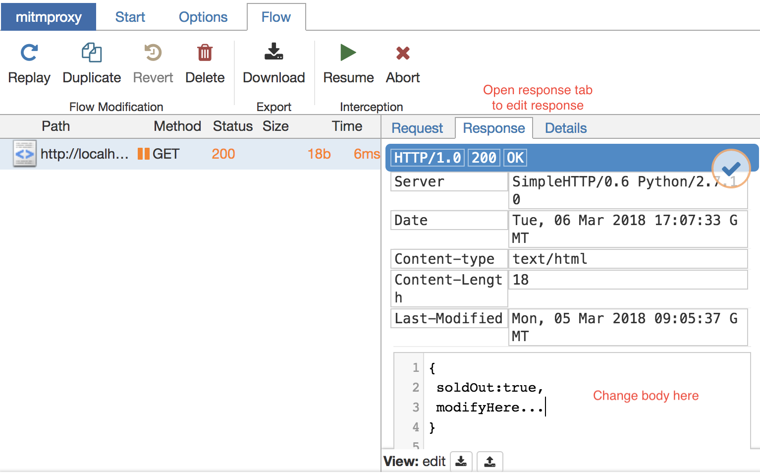 mitmproxy Flow screen