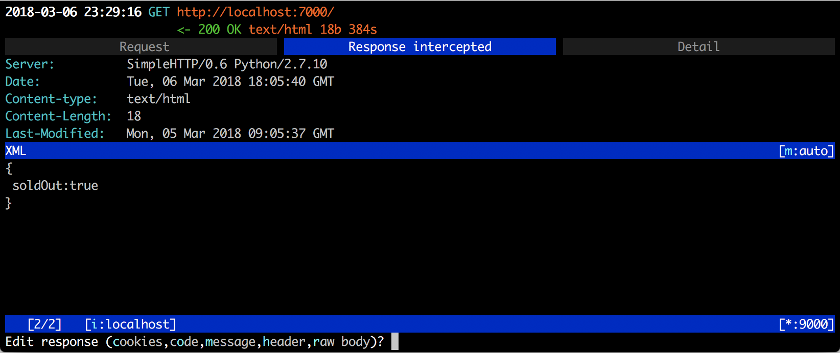 Response tab in mitmproxy CLI